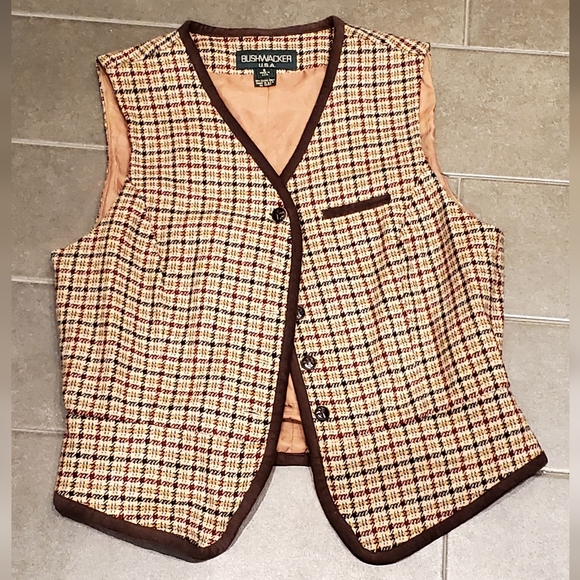 Vintage Bushwacker USA Wool Plaid Button Up V-Neck Vest, Tan/Brown/Red Wm 8, EUC - Picture 3 of 14